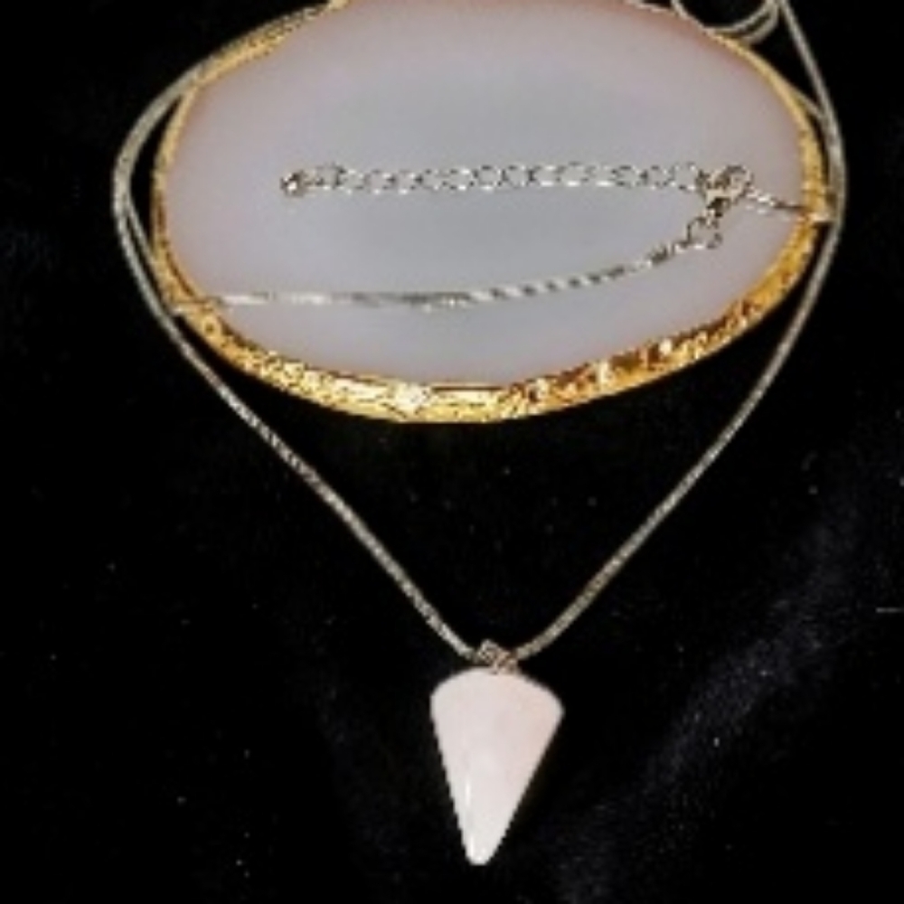 Long Silver Necklace Rose Quartz Point Pendant Dowsing Pendulum Reiki 1970s